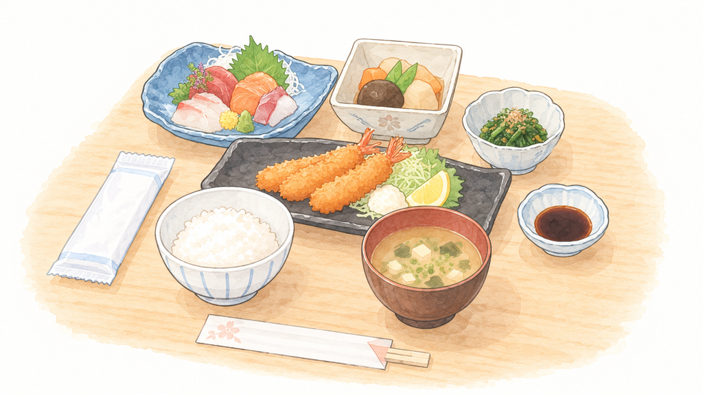 刺身やフライが付いた品数の多い定食のイラスト
