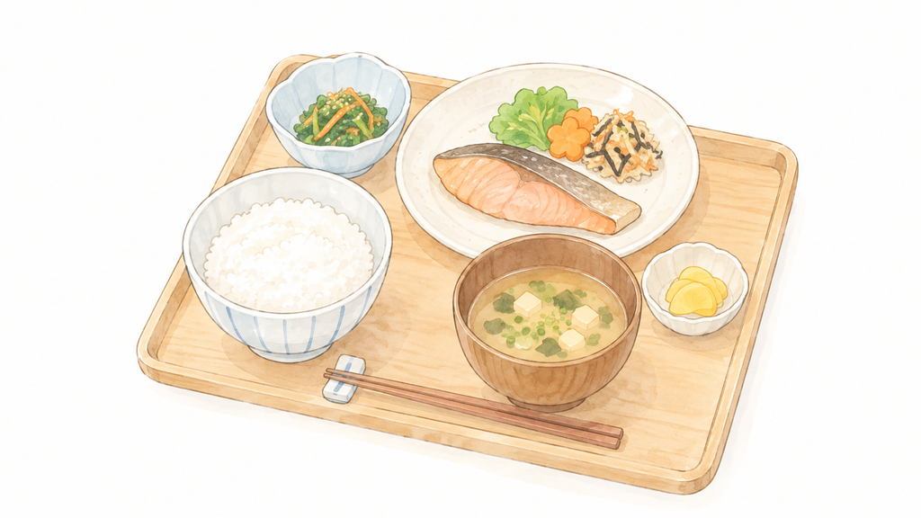 焼き魚と味噌汁の定食のイラスト
