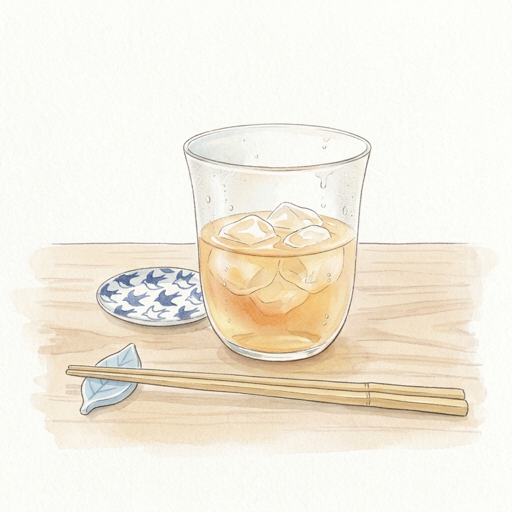 氷の入ったグラスに半分ほど注がれた烏龍茶のイラスト