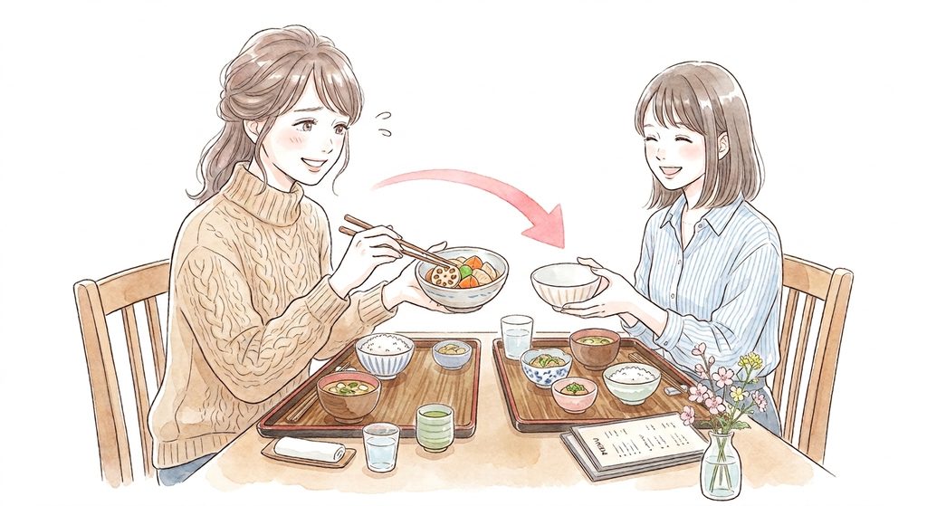 自分の小鉢を向かいの人に渡している女性のイラスト