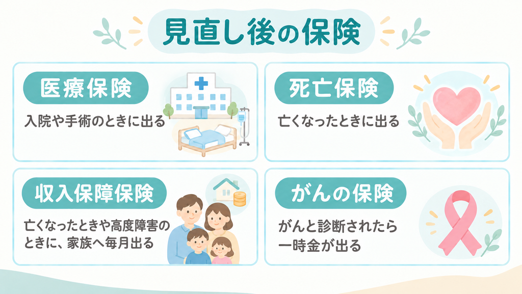 見直し後の保険（医療保険・死亡保険・収入保障保険・がんの保険）